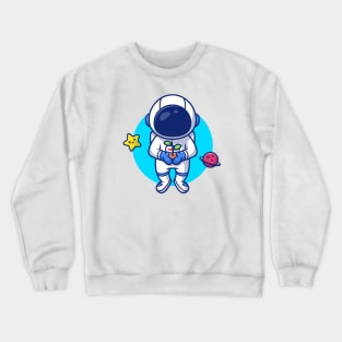 Astronaut Holding Plant In Space With Star And Planet Cartoon Crewneck Sweatshirt